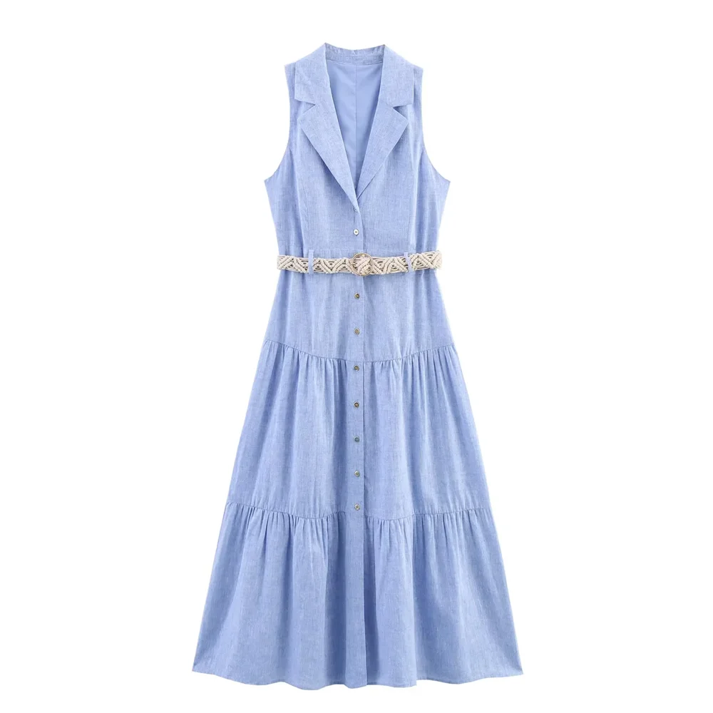 

BM&MD&ZA2025holiday style with belt lapel sleeveless loose niche dress long skirt summer new women's clothing