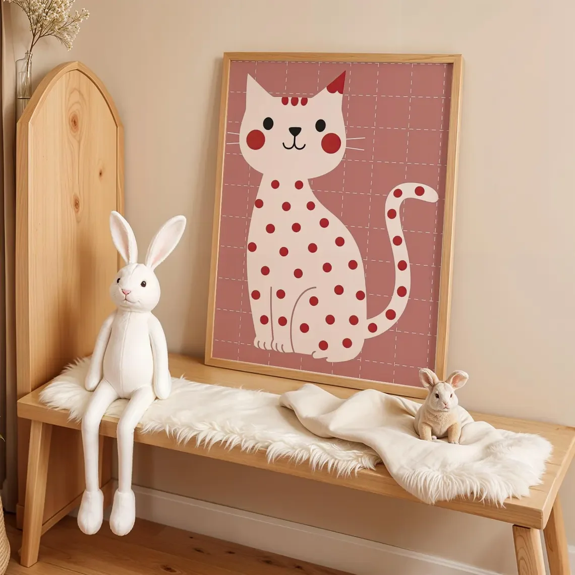 Whimsical Polka Dot Cat Wall Art - Playful Graphic Print of a Cheerful Cat with Bold Red Spots, Against a Warm Pink Grid, Cozy &