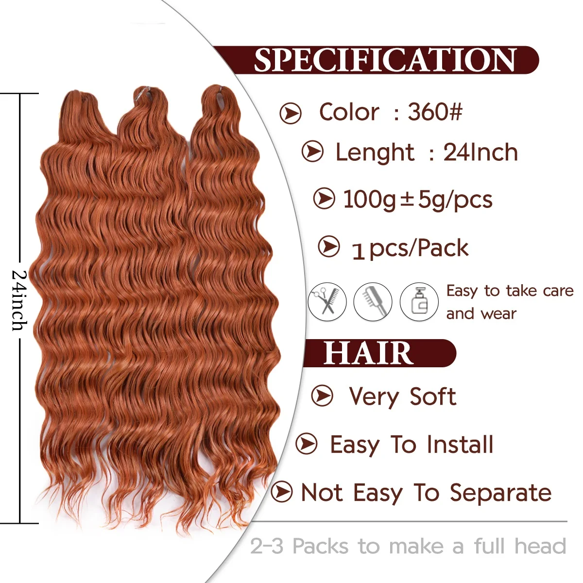 Anna 24 Inch Synthetic Water Wave Twist Braiding Hair Extensions Color Ginger Deep Wave Heat Resistant Crochet Hair for Women