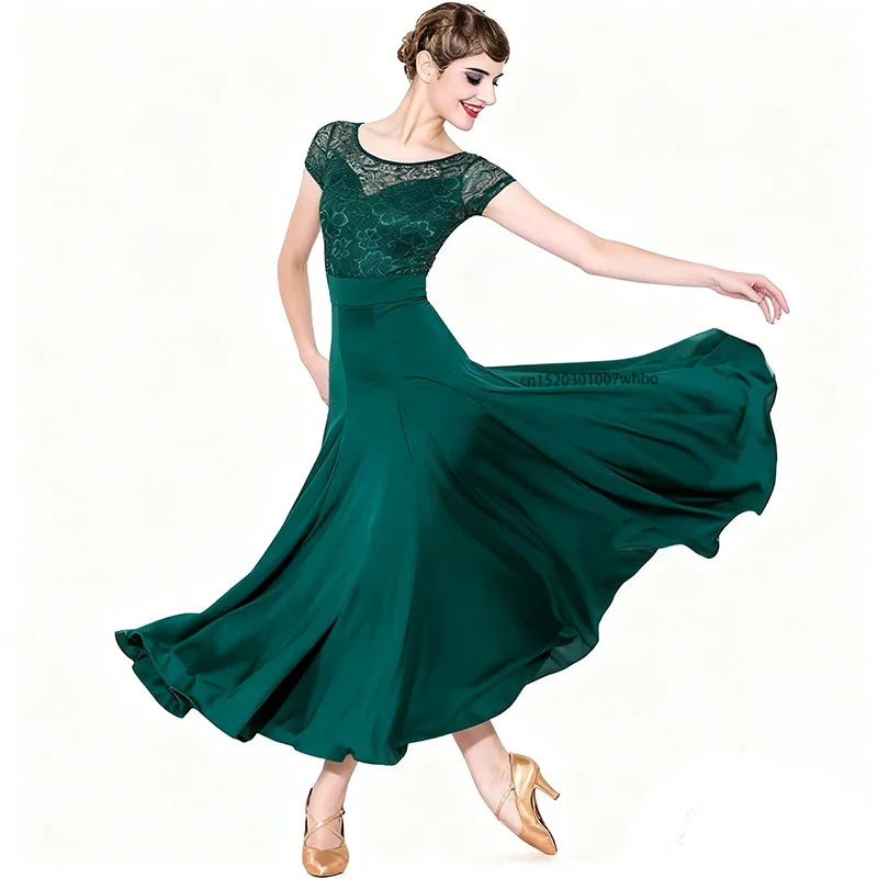 Short Sleeve Lace Ballroom Dance Dress Female Waltz Trot Tango Quick Step Modern Dance Clothing Social Dance Competition Dress