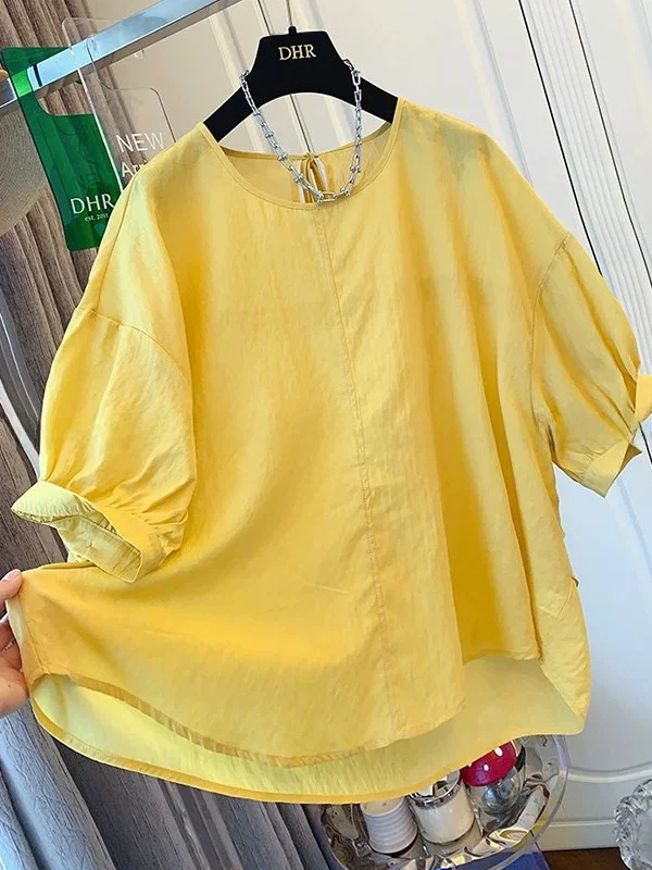 

plus Size Women's Cotton Linen Bubble Sleeve Shirt Summer Loose Slimming Meat Covering High Waist Commute Style Korean Version