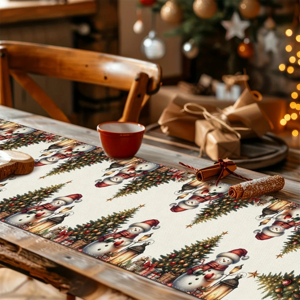 1-Piece DOKRIY Snowman Snowflake Magenta Winter Table Runner - Featuring Pine Trees and Snowmen, Multiple Sizes Available