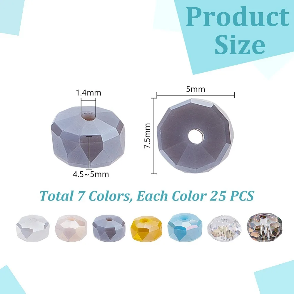 

175Pcs 7 Colors Electroplate Glass Beads Strands Rondelle AB Color Plated Faceted Mixed Color 5x7.5x4.5mm Hole: 1.4mm