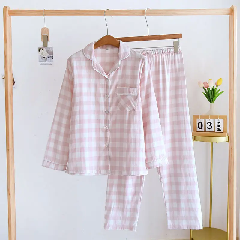 Conjunto de pijama feminino de 2 peças de manga comprida, pijamas de algodão, calças cardigan, loungewear estampado, roupa caseira, coreano, terno macio