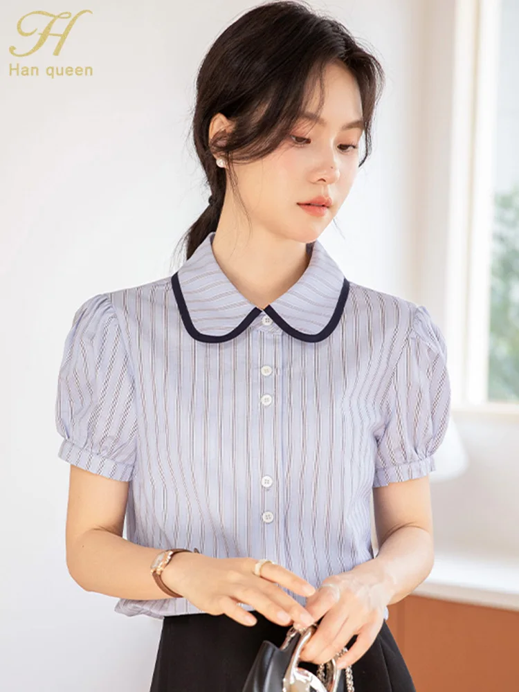 

H Han Queen 2025 Simple Stripe Vintage Tops Chiffon Blouses For Women Work Casual Shirt Short Sleeve Korean Reviews Many Clothes