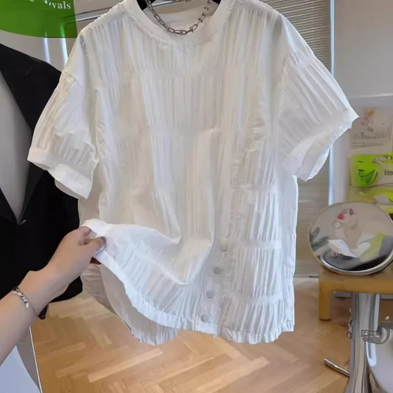 White Pleated Doll Crop Shirts Short Sleeve Casual Blouse Ropa Mujer Korean Tops Oversized T Shirt Blusas Moda 2025 New