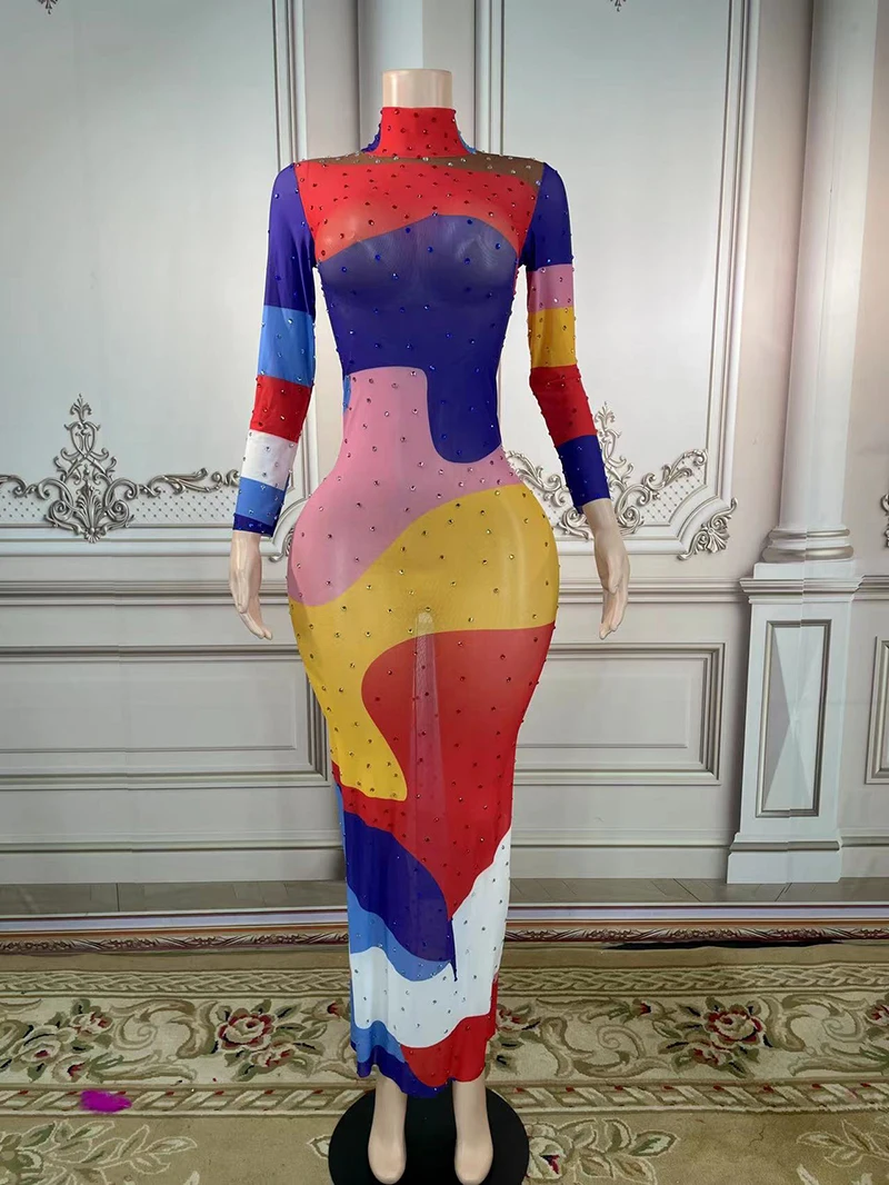 

Sexy Multi-color Splice Colorful Rhinestones Stretch Long Sleeves Dress Costume Celebrate Evening Dance Dress