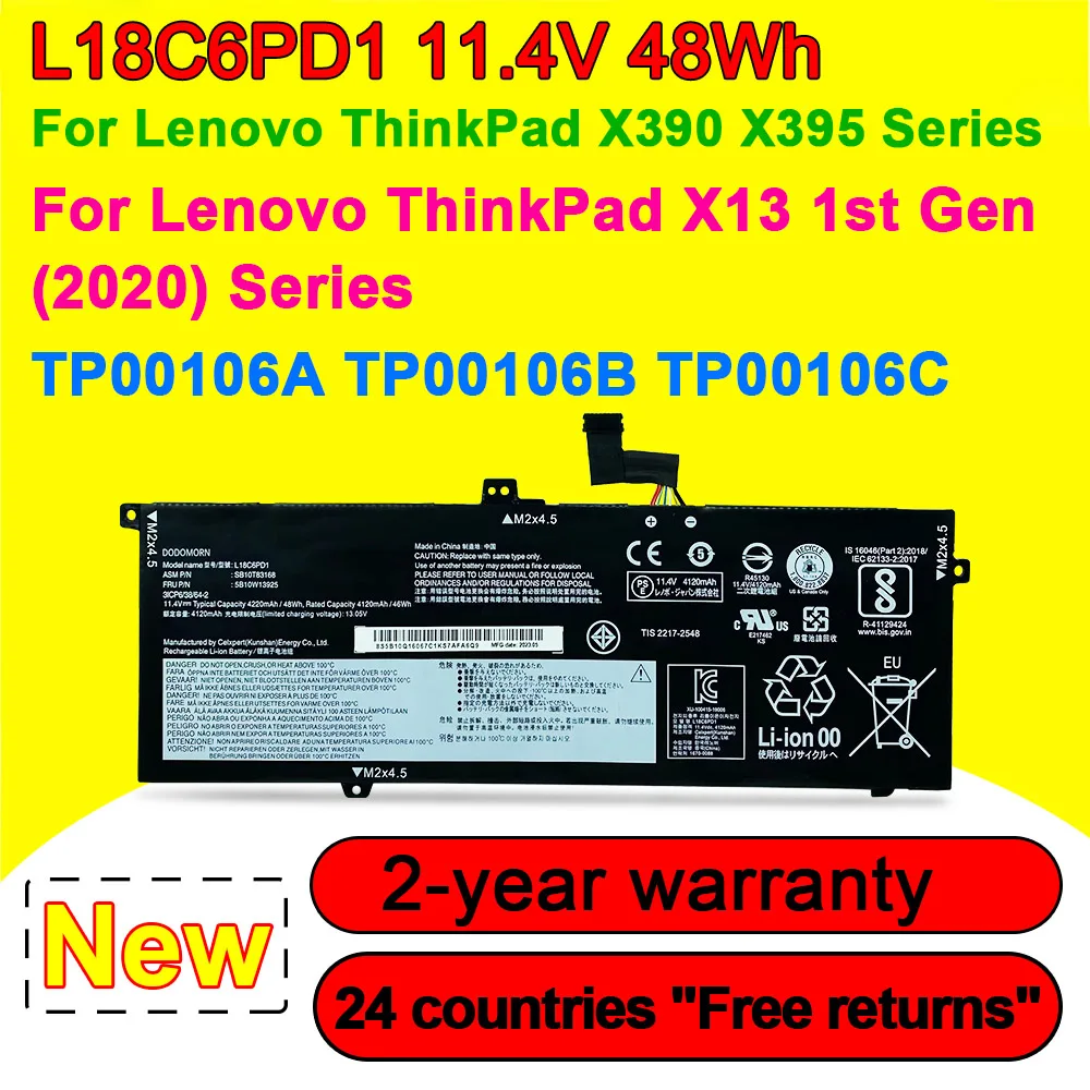 

Аккумулятор L18C6PD1 для ноутбука Lenovo ThinkPad X390 X395 X13 1-го поколения L18M6PD1 L18M6PD2 L18D6PD1 02DL017 02DL018 11,4 в 48 Вт/ч 4190 мАч