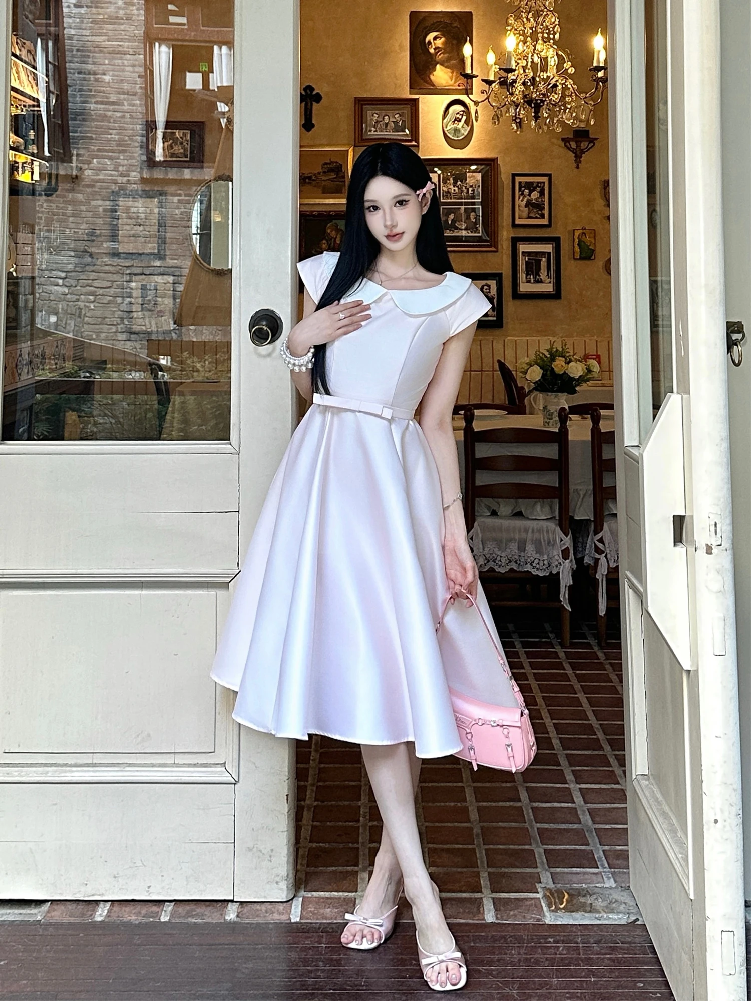 

Платье Wior Miss MOXI Princ Long Dr Hepburn Ele с воротником-стойкой, подчеркивающее талию, с высокой талией, коротким рукавом, из полиэфирного волокна