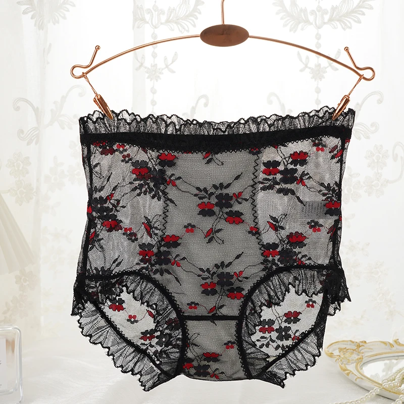 

New Women's underwear sexy printed high waist transparent hollowed-out lace mesh ropa de mujer plus size Women's panties briefs