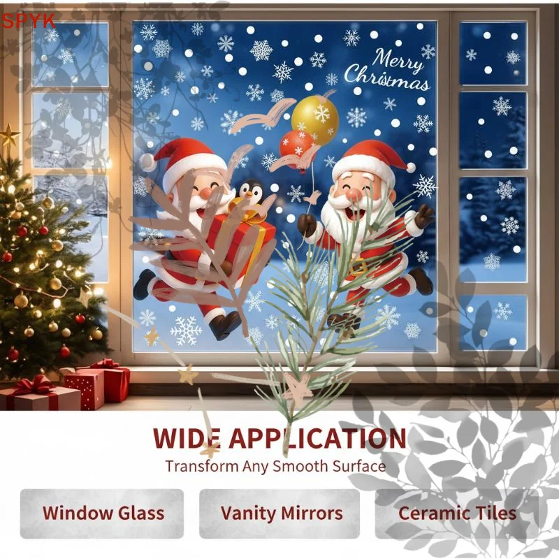 Snowflake Window Decal - Weihnachts-Fensteraufkleber mit statischer Haftung: Weihnachtsmann, Rentier,