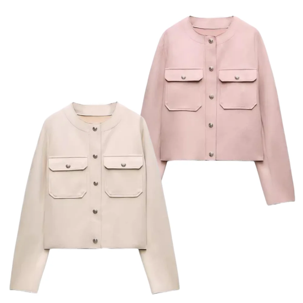 2024 Spring New Women\'s Wear Small Fragrant Round Neck Pocket Decoration with Fleece Texture Effect Short Jacket Coat