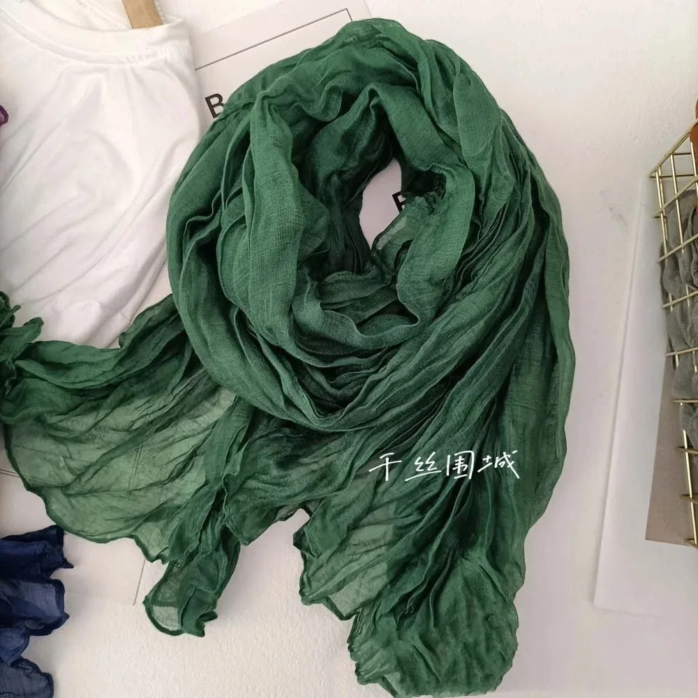 Solid Color Cotton And Linen Scarf Retro Autumn And Winter New Item Pleated Green Retro Men\'s And Women\'s Warm Silk  Thin Long S