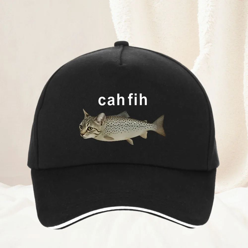 

Cah Fih hat Fih Funny Mispelled Fish Meme Baseball cap Cat and Fish Graphic Humor hats Sports Sunshade Hats