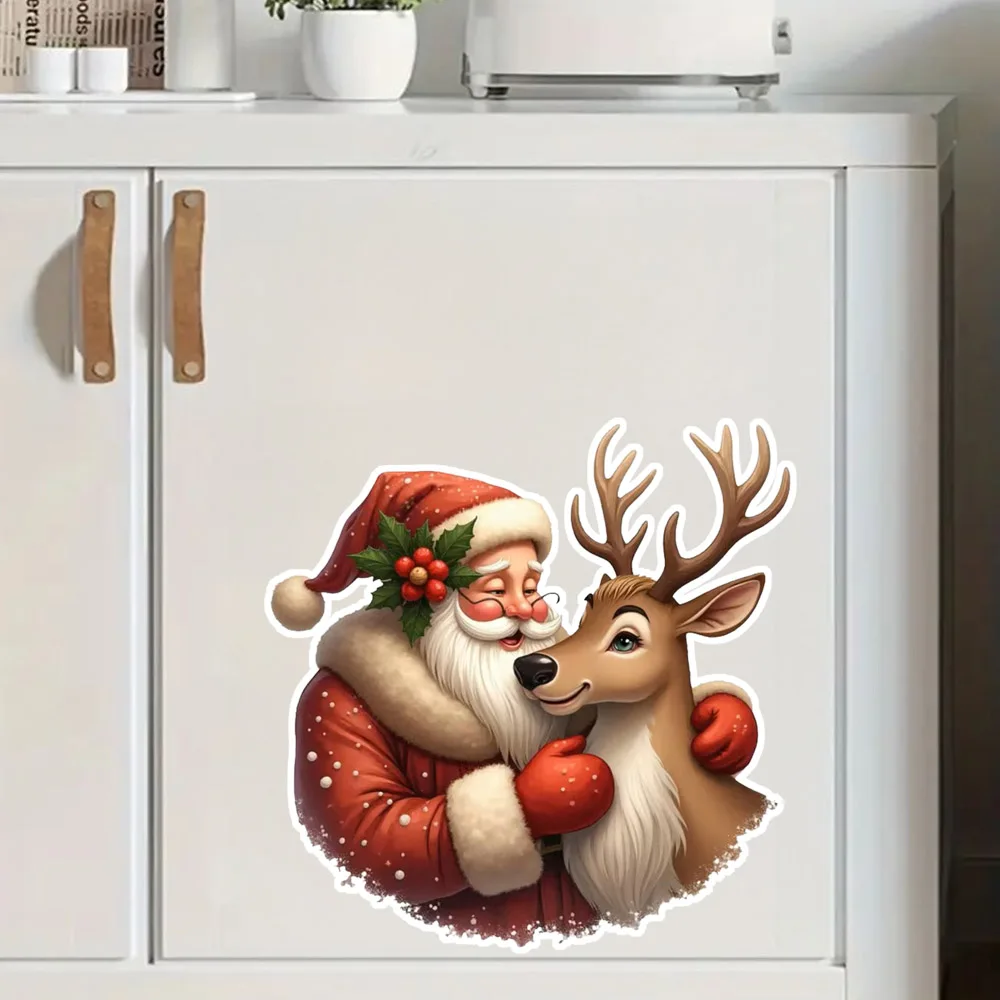 OZ3988#Cute Santa Claus And Reindeer Hug,Decal Stickers, Art Wall Decal For Home, Cabinet, Refrigerator, Door, Toilet