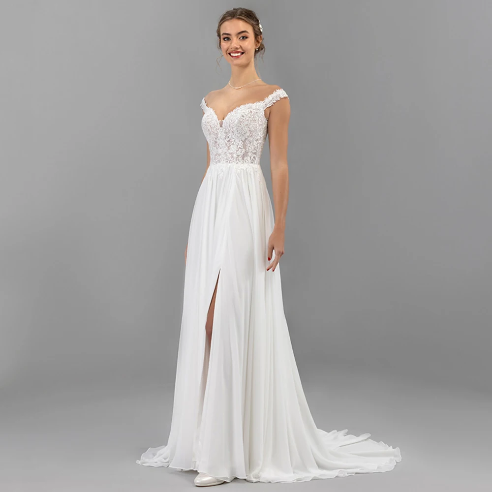 

Welove Applique A-Line Chiffon Wedding Dress V-Neck Sexy Side Slit Floor Length Sweep Train Half Backless Zipper Gowns Custom