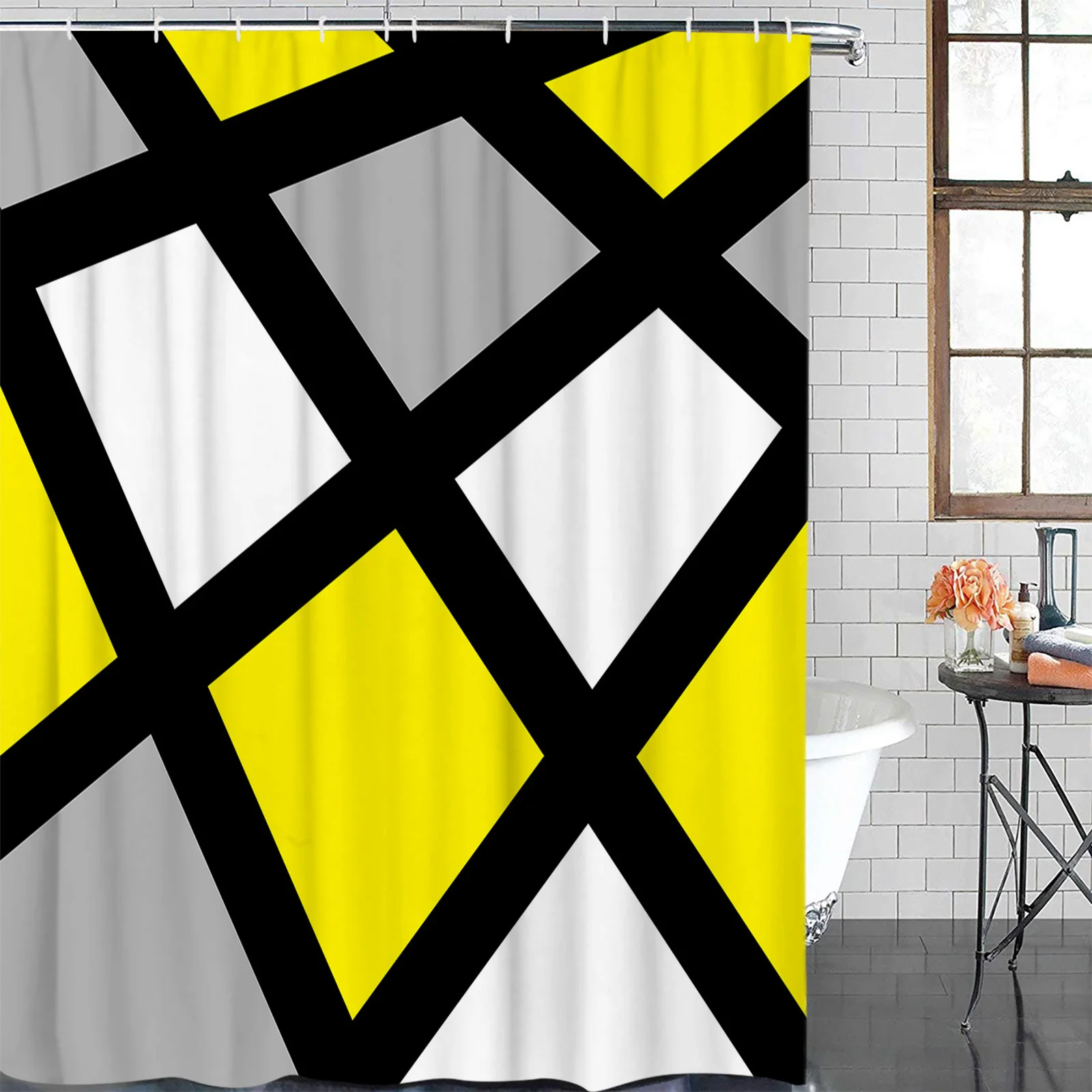 Yellow Black Grey Geometric Square Waterproof Shower Curtain Polyester Fabric Printed Bath Curtains Bathroom Decorations