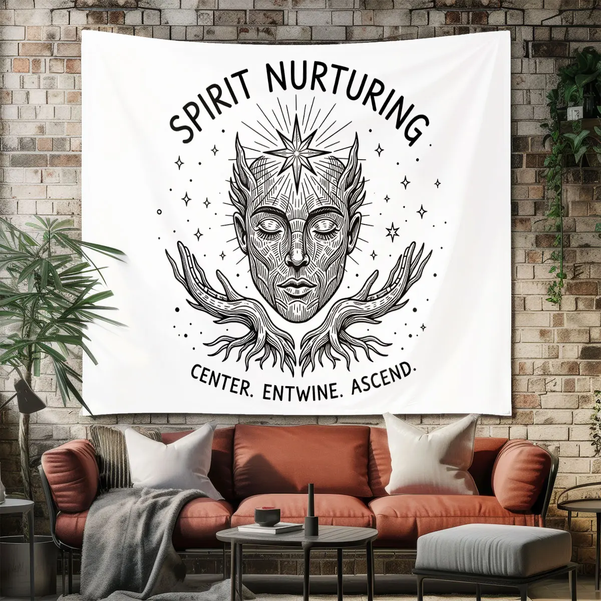 Tapisserie murale artistique Spirit Nurturing Line Art, décoration minimaliste pour la méditation, décoration esthétique pour la maison, tapisserie spirituelle pour la chambre à coucher