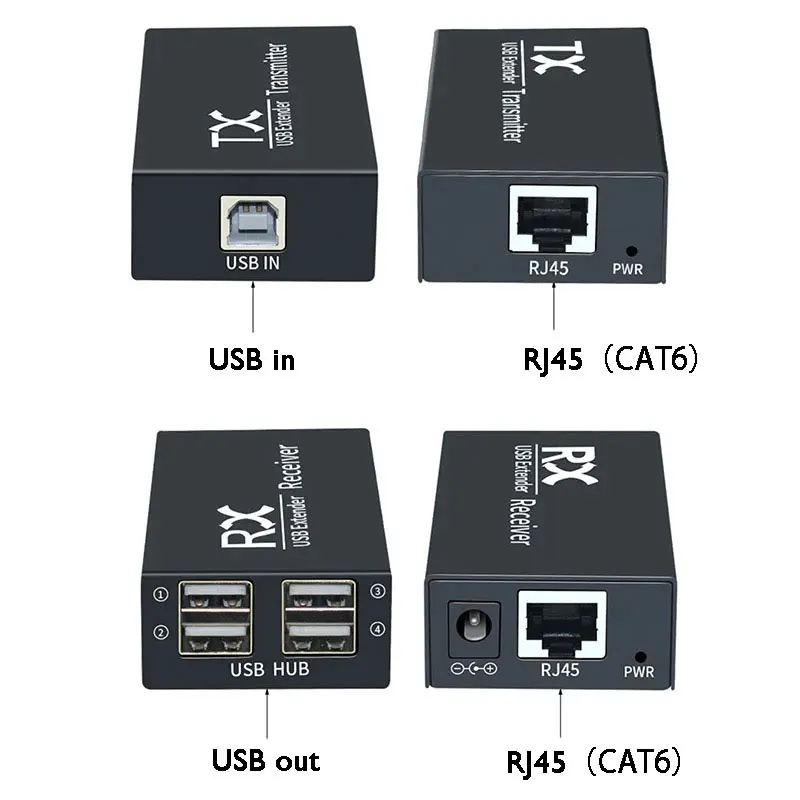 USB 120M Extender 4 Port USB 2.0 Hub Over Cat 6E/6 Ethernet UTP Extension POC RJ45 Cable Metal Transmitter Receiver