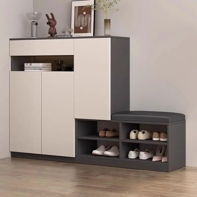 2025 new solid wood large-capacity home entrance cabinet seat integrated against the wall
