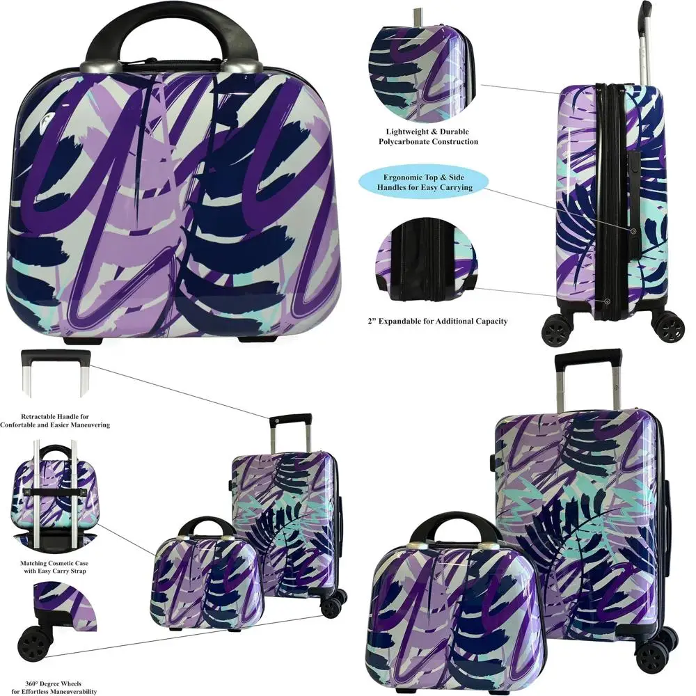Compact Polycarbonate Spinner Luggage Set - Tropical Leaves Design for Air Travel