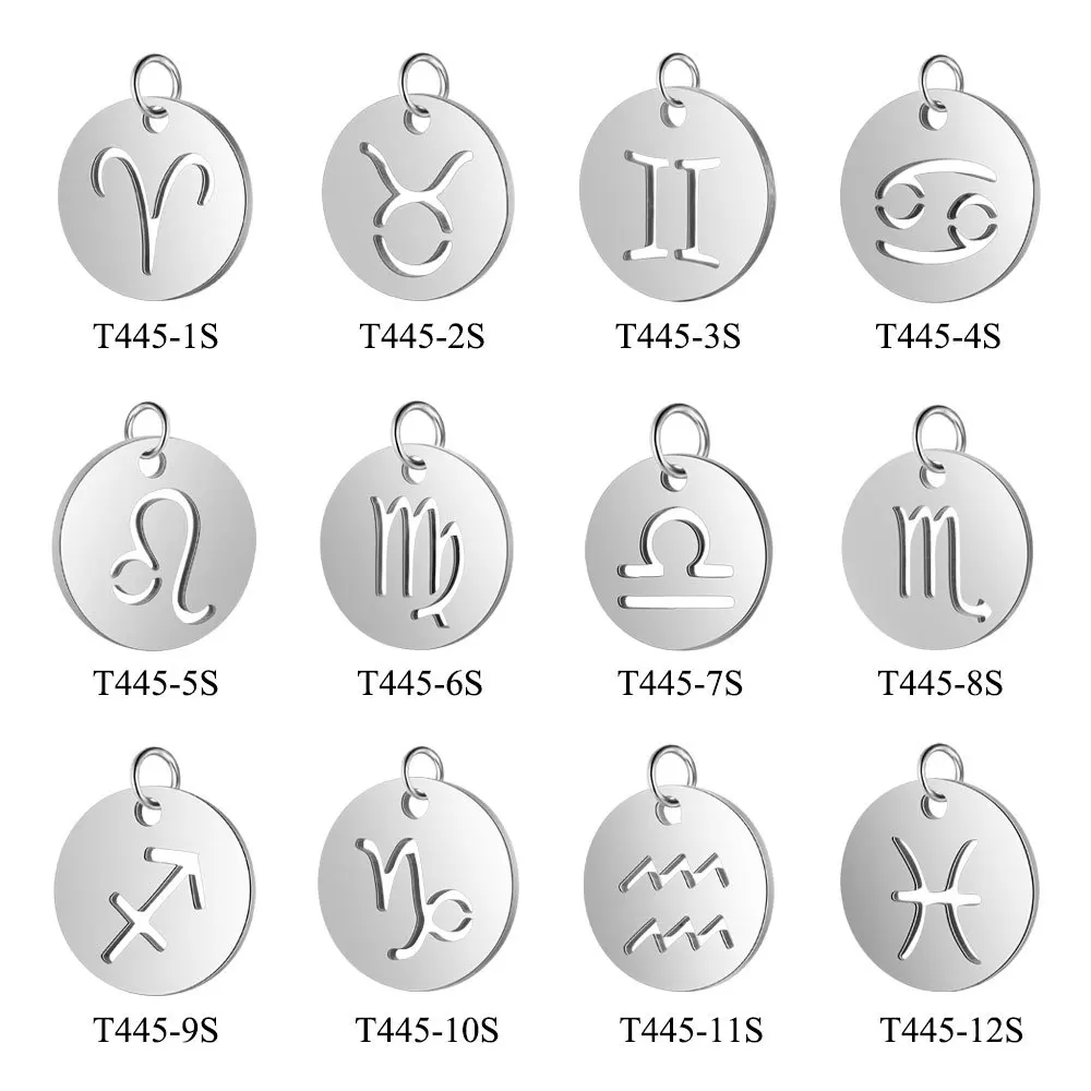 12Pcs/Lot 12mm Stainless Steel Mixed Zodiac Charms 12mm Mirror Polish Zodiac Signs Twelve Constellation DIY Jewelry Making