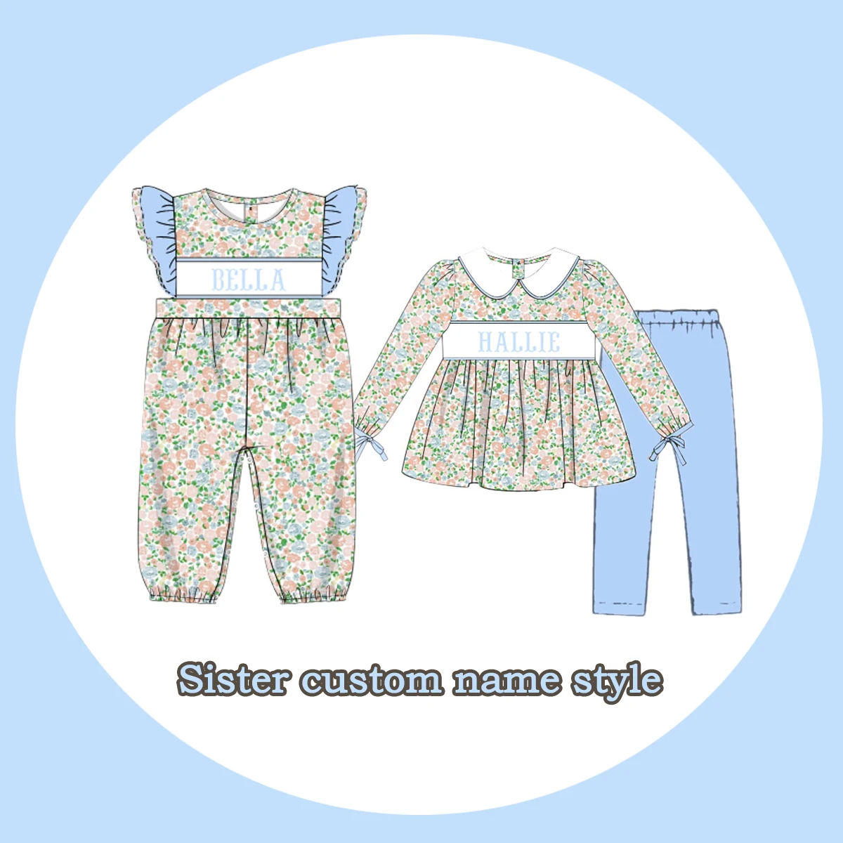 Ropa de algodón personalizable para bebé y niña, conjuntos de Pelele con estampado de flores, pantalones azules con lazo, modelos de preventa, nuevo