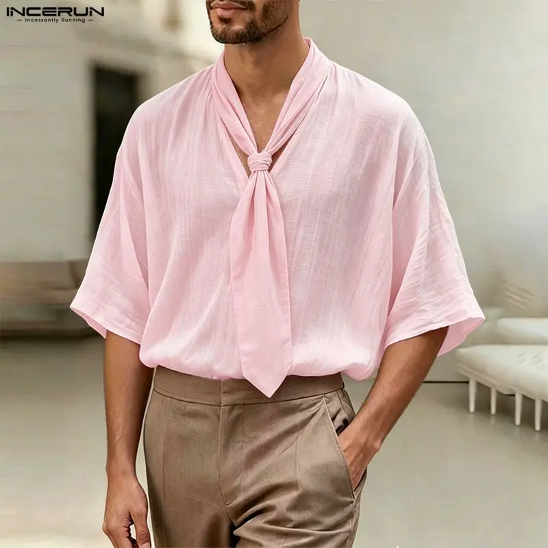 INCERUN Herren T-Shirt Einfarbig V-Ausschnitt Halber Ärmel Lässige Herrenkleidung Mit Krawatte Streetwear Sommer Locker 2026 Mode Oberteile Camisetas