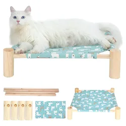 Elevated Dog Cat Wooden Bed Detachable Canvas Pet Cat Bedding Hammock House for Rabbit Cat Dog Sleeping Supplies