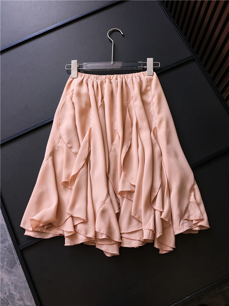 

Pure Color Elastic Waist Slimming Short Skirt with Pleated Hemline Summer New Style Fairy Skirt Chiffon Half-length Skirt