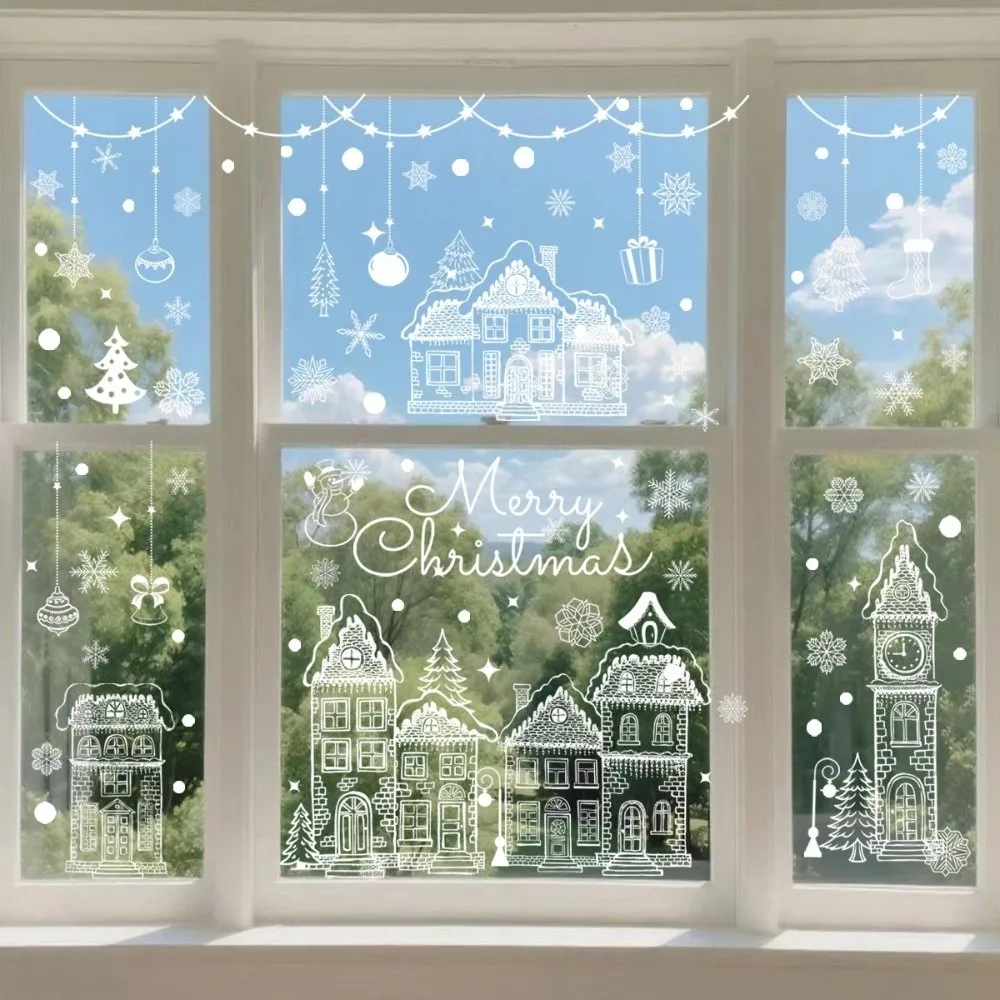 PVC Christmas Window Sticker Self Adhesive DIY Christmas Snowflake Stickers White Castle Static Cling Decals Window Art