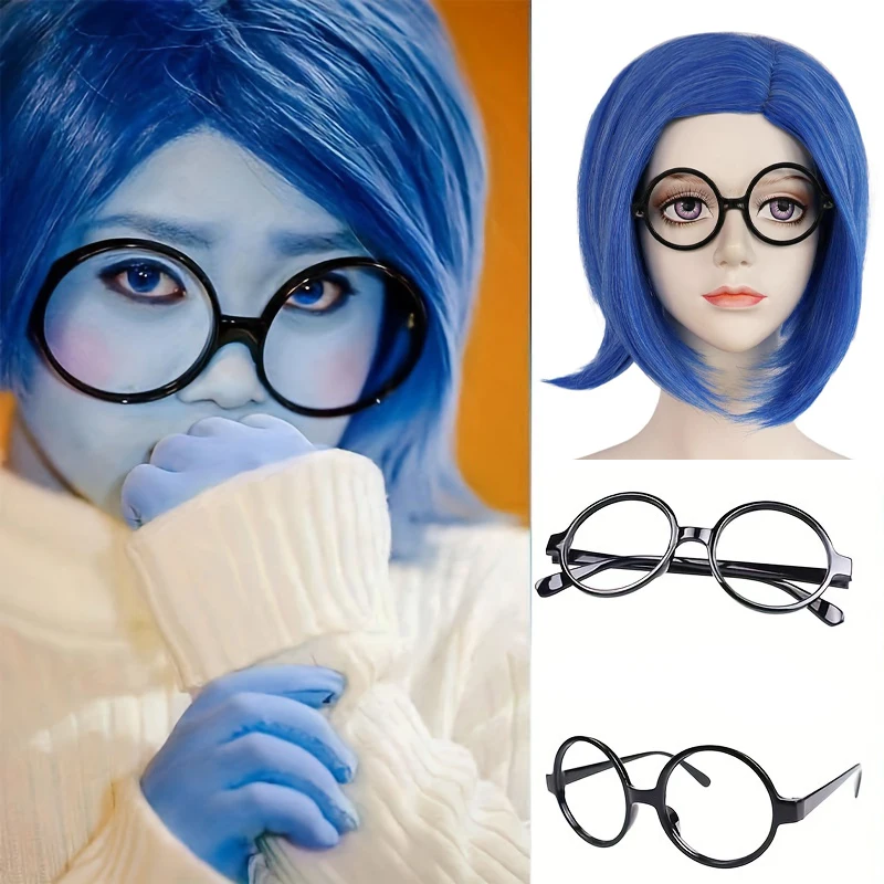 Anime Cosplay Bob Wig 3-Piece - Medium Length Straight Blue Synthetic Hair with Rose Net Cap, Hairnet, Glasses, Ideal for Daily