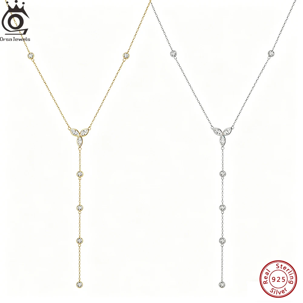 

ORSA JEWELS Exquisite 925 Sterling Silver Sexy Shiny Y-shaped Long Chain Zircon Necklace for Women Summer Jewelry BQN38