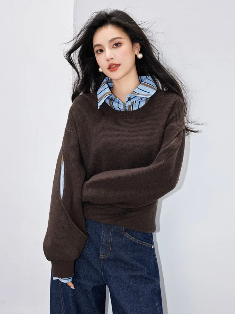 Fake 2 Pieces Spliced Hollow Out Sweater Women Autumn Winter Vintage Fashion Laple Long Sleeve Casual Pullover Knitted Sweaters