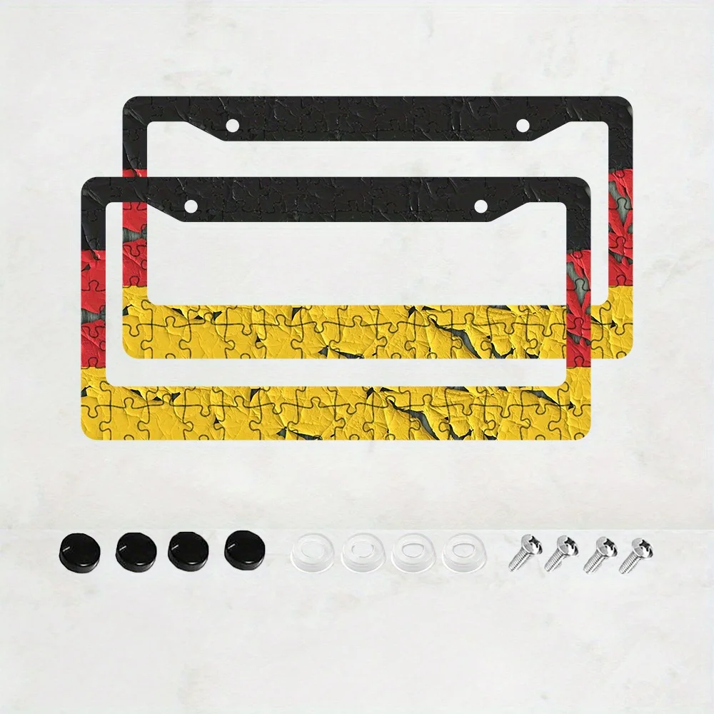 2 Marcos de Matrícula Alemanes Tipo Rompecabezas, Negros/Rojos/Amarillos, de Aleación, para Coche, Delanteros y Traseros, Modelo Estándar de EE. UU. con Tornillos y Goma