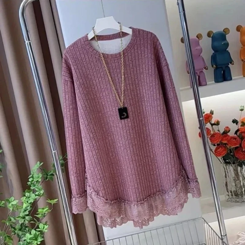 

Women's New Autumn Winter Warm Plush Lined Plus Size Loose Long Hoodie Lace Trim Design Slim Fit Tops