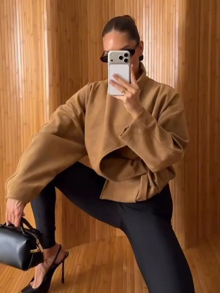 

Женская короткая куртка HH Fashion из замши с текстурой, однотонная, с отложным воротником, плиссированными элементами, кардиган, 2026, повседневная, свободного кроя, в уличном стиле