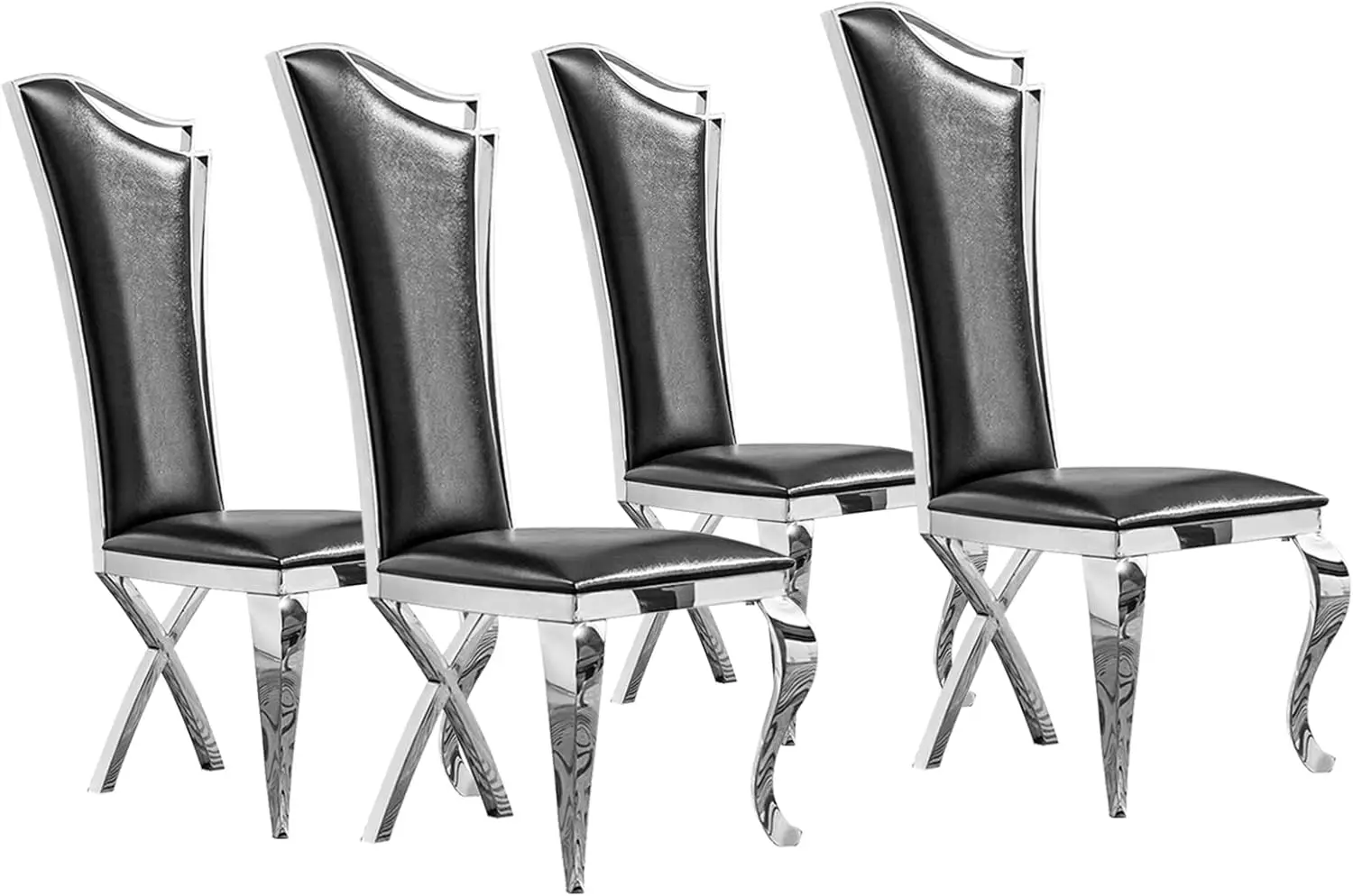 Ssline Modern Luxury Dining Chairs Set Of 4 Black Leather Kitchen Dining Room Chair With Silver Mirrored Stainless Steel Legs