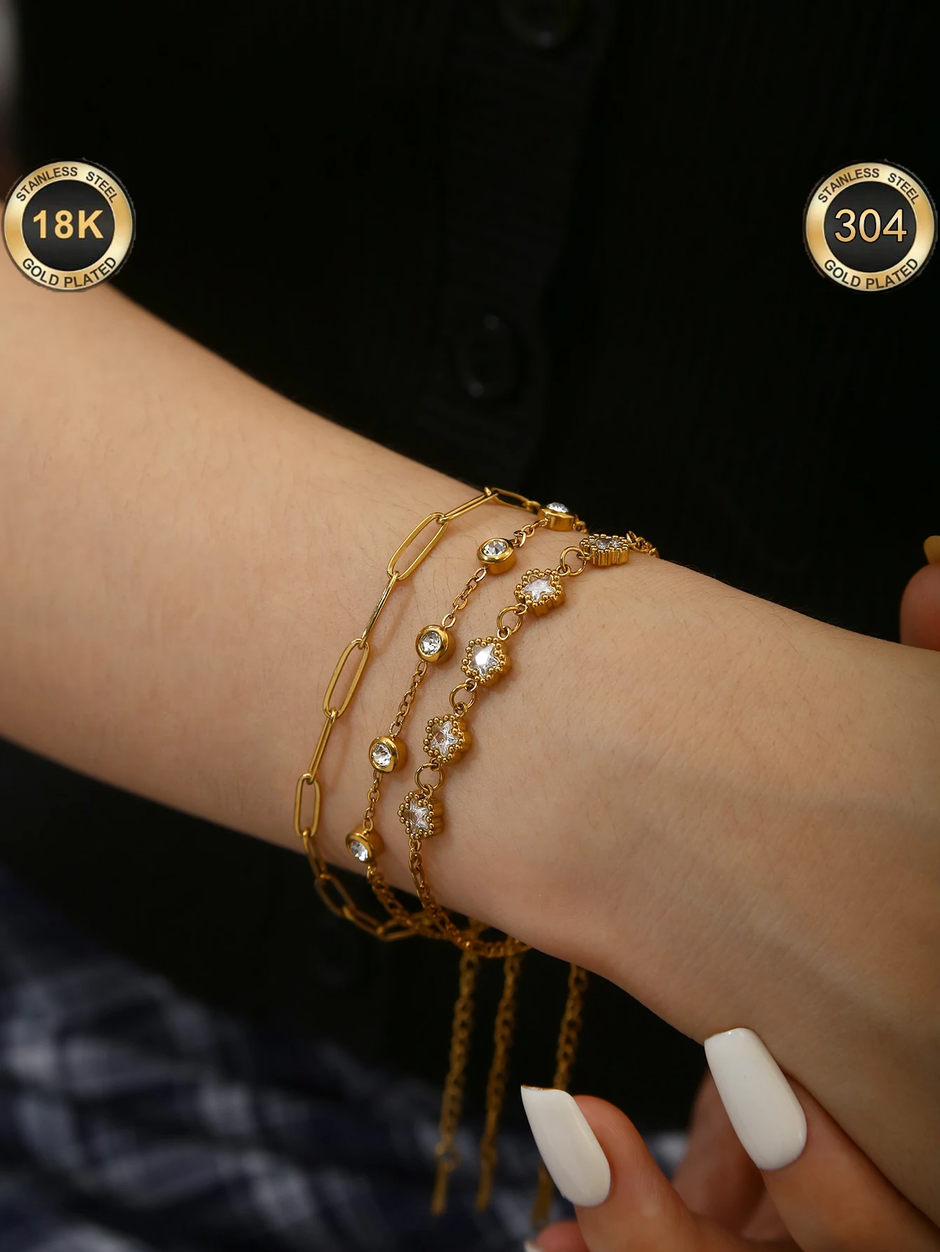 1Pc Ins Niche Versatile Women'S Bracelet, Stainless Steel Inlaid With Round And Star Zircons, Fits Both Sweet And Cool Looks