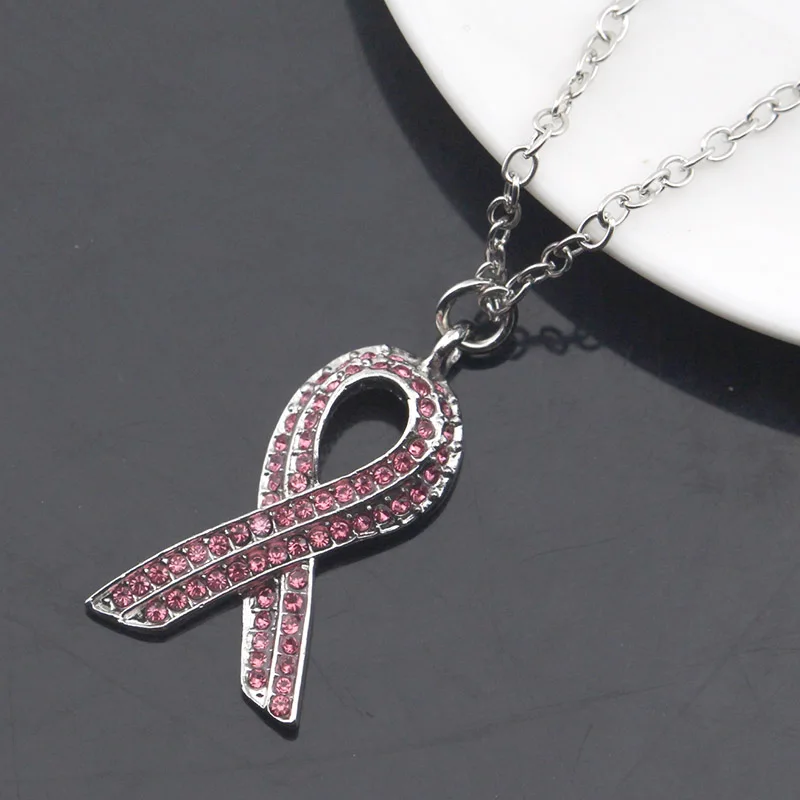 Fashion Pink Rhinestone Ribbon Necklace Bowtie Symbol Pendent Icon Love HIV AIDS Badge Sweater Backpack Lady Necklace Jewelry