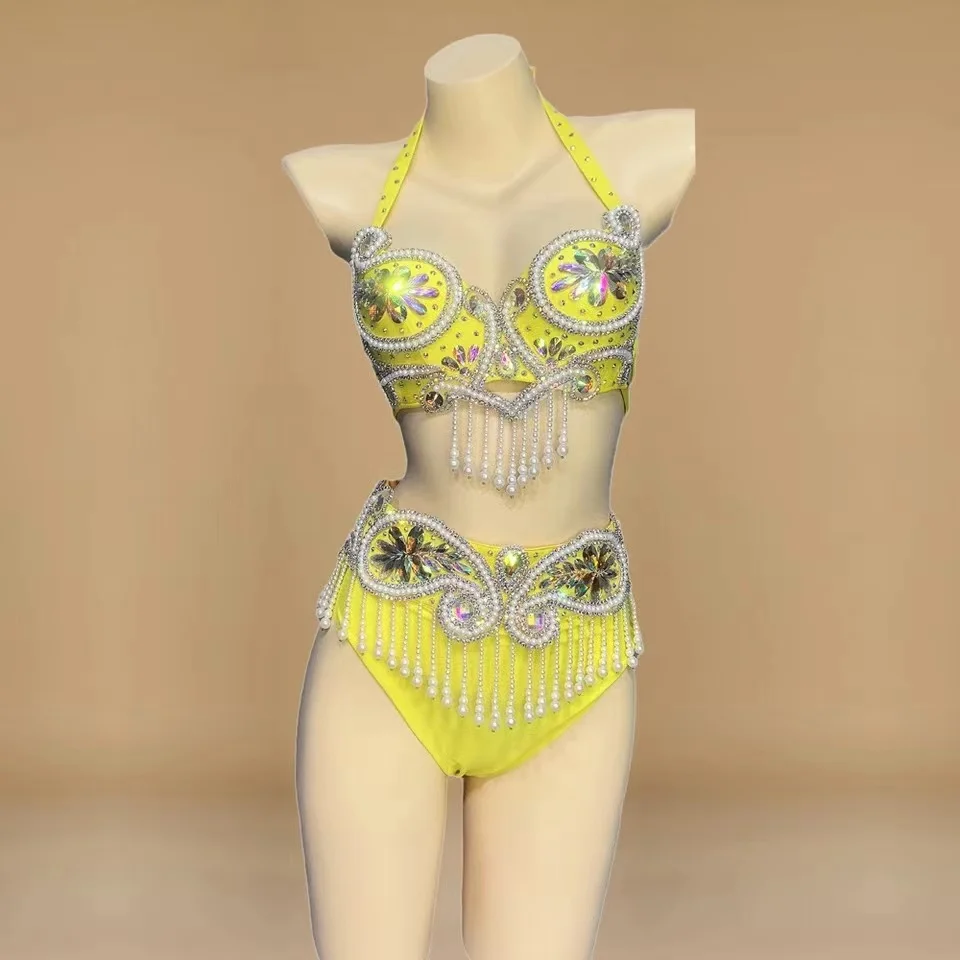 

Sexy Rhinestone Belly Dance Bra and Belt Panty Women Carnival Samba Nightclub DJ Dancer Stage Performance Wear Rave Outfit