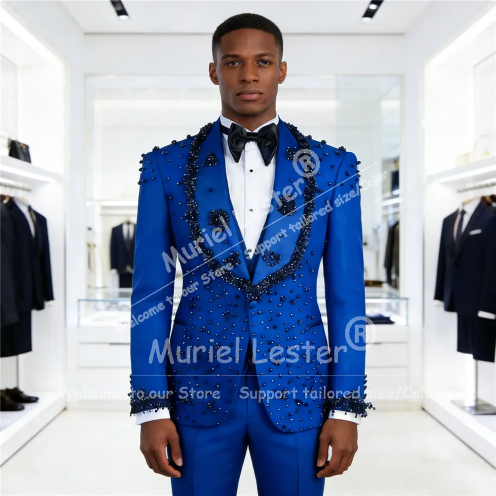 

Luxury Pearls Beaded Suit Attire For Men Single Breasted Prom Blazer Customized Man Banquet Groom Wedding Tuxedos Ropa Hombre
