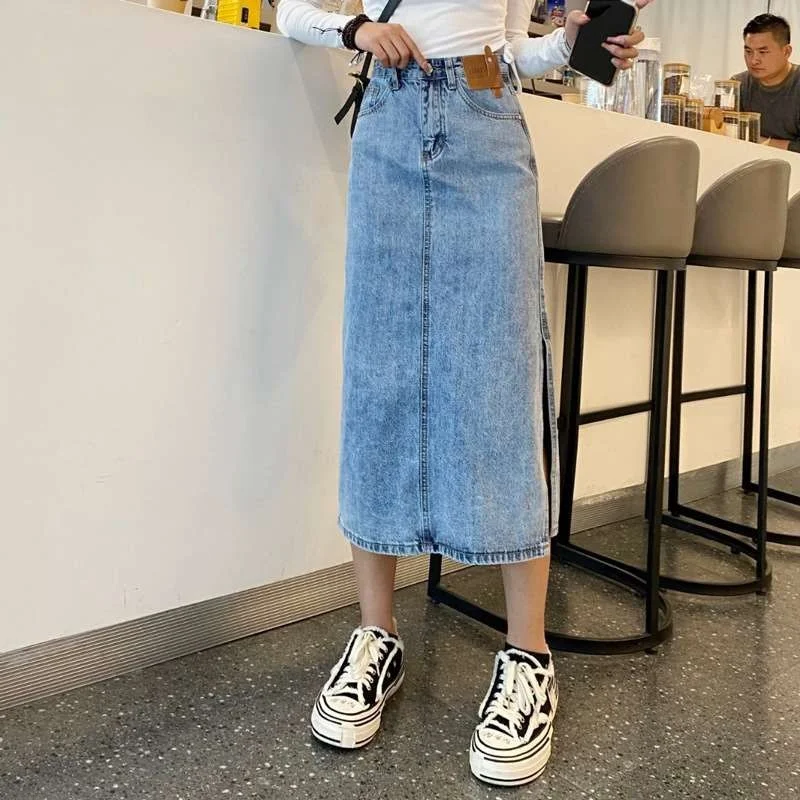 

Design Sense High Waist Split Denim Skirt Women's Summer New Faion mid Waist A-Line Skirt Ciwalk PVC Fabric