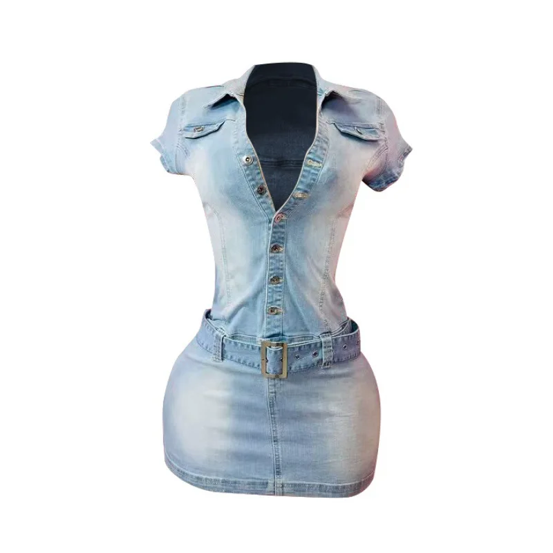 New Denim Short Sleeve Dress Women Modest Sexy Summer Stylish Slim Stretch Acid Wash Vintage Belt Jean Bodycon Dresses
