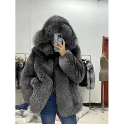 Manteau en fourrure de renard véritable pour femme, veste à capuche, fourrure de renard argentée, luxe, chaud, hiver