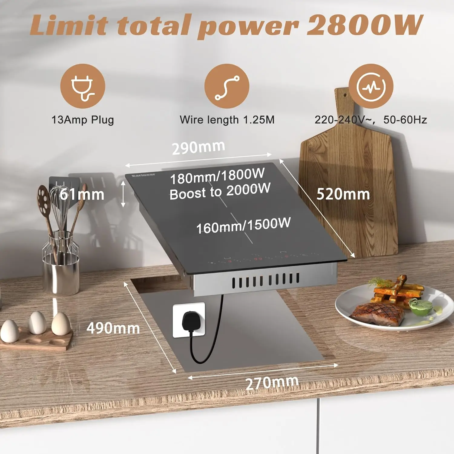 موقد كارينير التعريفي 29 سم 2 شعلة قطرة في موقد كهربائي، زجاج سيراميك أسود مع معزز، مؤقت، وظيفة قفل الأمان، 230 فولت