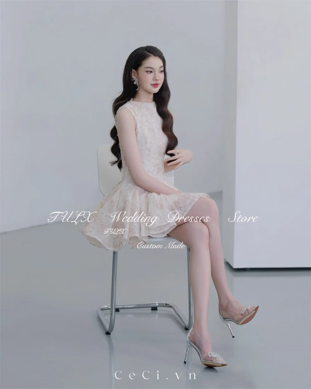 TULX ชุดเดรสสั้นลูกไม้สีชมพูเจ้าหญิง คอทรงโอ แขนกุด ชุดเดรสงานเลี้ยงวันเกิด ทรงเอ ความยาวเหนือเข่า ชุดเดรสค็อกเทลแบบเป็นทางการ