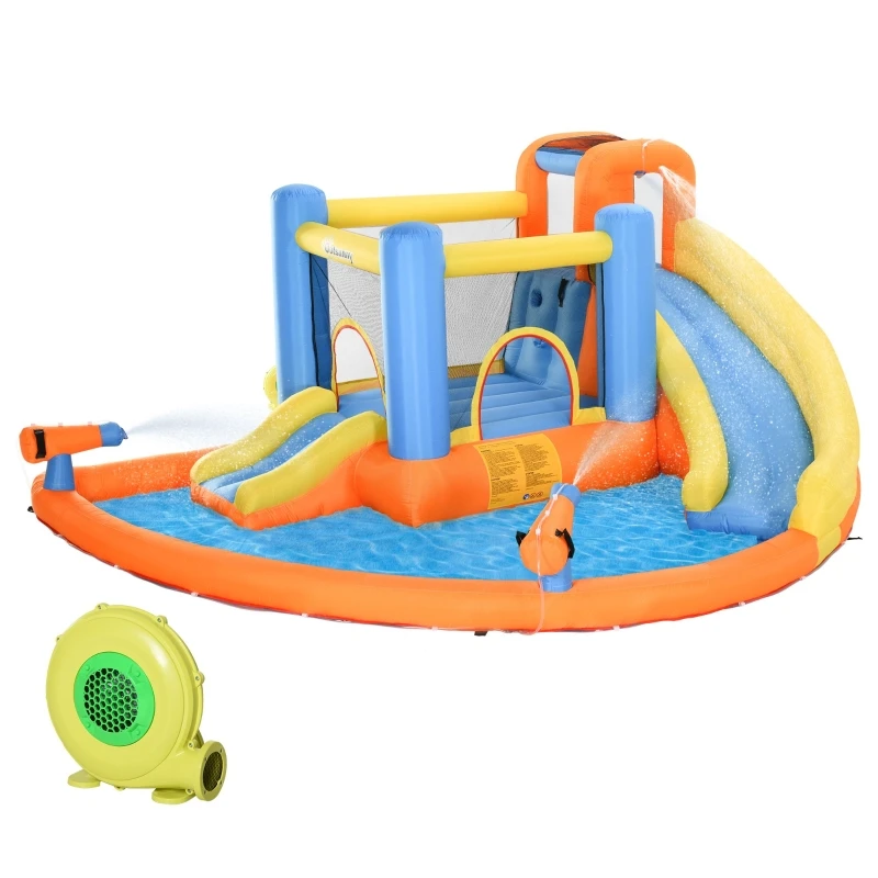 

5-in-1 Kids Inflatable Bounce House Jumping Castle with Water Pool, Slide, Climbing Walls & 2 Water Guns For backyard gardens