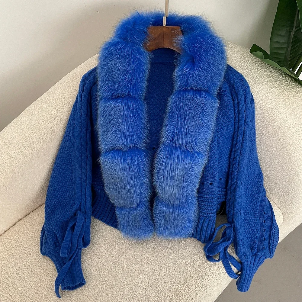 

Lace Sweater New Knitting Cardigan Placket Coat Real Fox Fur New Fashion Cardigan for WomenKnitted Jacket with Natural Fur