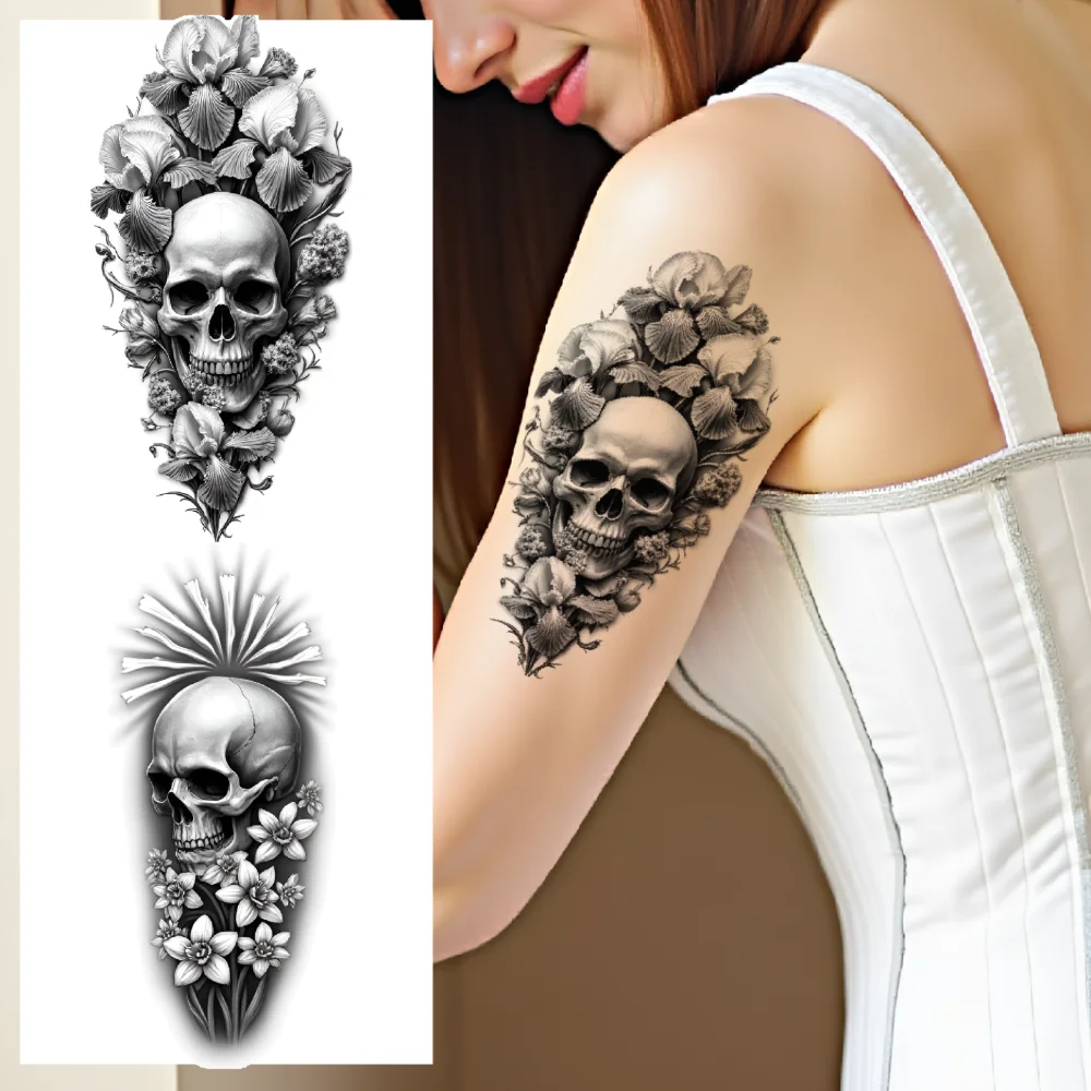 

3pcs Temporary Tattoo Skull Tattoos Waterproof Long-lasting Body Stickers Floral Tattoos Black And Grey Realism For Thighs